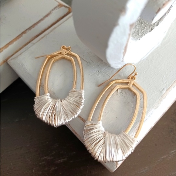 NEW•UNIQUE OVAL GOLDEN WIRE ACCENTED EARRINGS - Picture 2 of 13